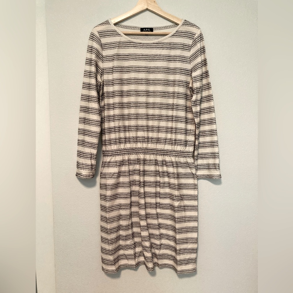 APC ivory/navy embroidered long sleeve dress size L